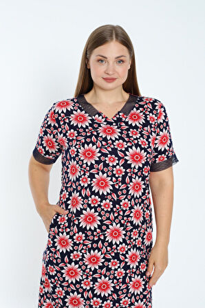 Desenli Tül Detaylı Kısa Kollu Cepli Büyük Beden Pamuklu Elbise