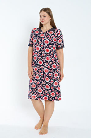 Desenli Tül Detaylı Kısa Kollu Cepli Büyük Beden Pamuklu Elbise