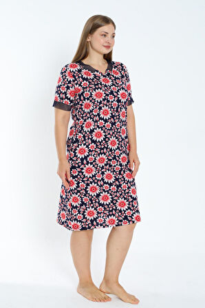 Desenli Tül Detaylı Kısa Kollu Cepli Büyük Beden Pamuklu Elbise