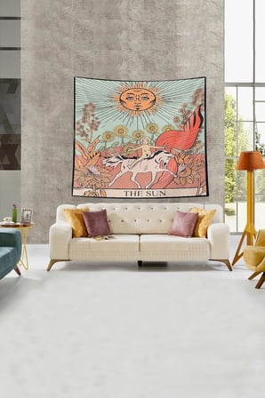 Ontheclouds Bej The Sun Tarot Kartı Leke Tutmaz Kadife Kumaş Duvar Örtüsü Duvar Halısı Tapestry, 70 x 70