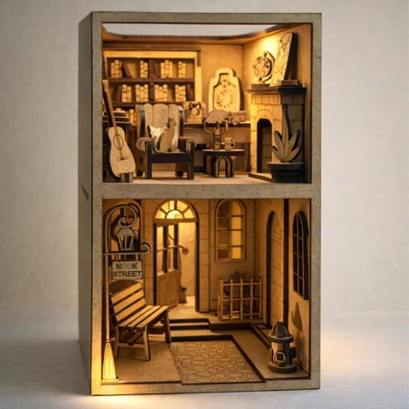 Nook Street Book Nook, Işıklı 3D Ahşap Diorama Maket, Orta Seviye, 211 Parça, 20x11x18 cm