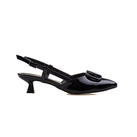 M2S Siyah Kadın Rugan Fındık Topuk Sivri Burun Klasik Terlik