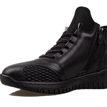 Trend Adımlar Siyah Hakiki Deri Kadın Lastikli Yumuşak Esnek Bot