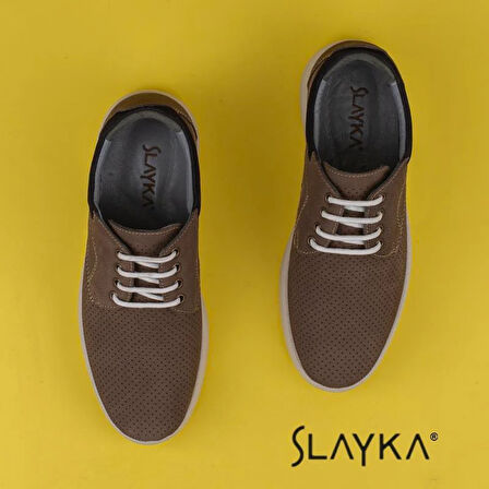 Slayka Kahverengi Hakiki Nubuk Deri Bağcıklı Gündelik Ayakkabı