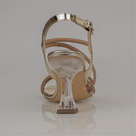 M2S Gold Şeffaf Topuk Bilek Taşlı Kadın Şık Abiye Ayakkabı