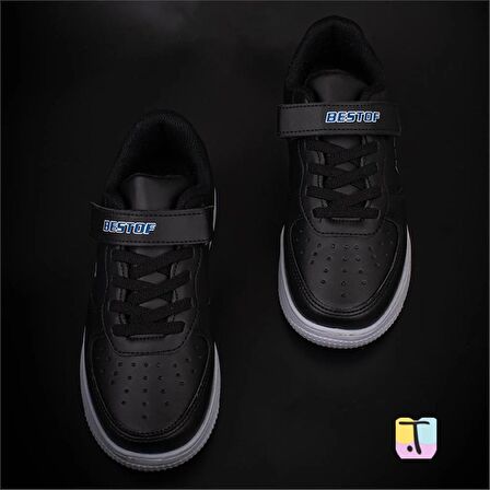 Trend Adımlar Siyah Suni Deri Mevsimlik Filet Unisex Çocuk Sneaker