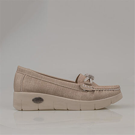 Trend Adımlar Krem Denim Comfort Fiyonklu Dolgu Topuk Kadın Ayakkabı
