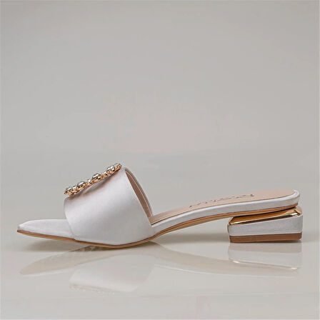 Trend Adımlar Gümüş Saten Kadın Taş İşlemeli Klasik Terlik