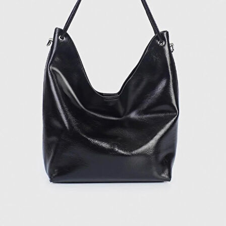 Jacquline Siyah Ebave Parlak Deri Yavru Çantalı Kadın El Çantası