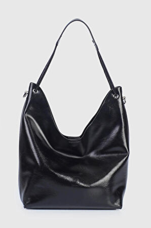 Jacquline Siyah Ebave Parlak Deri Yavru Çantalı Kadın El Çantası