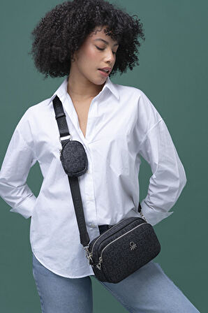Benetton Siyah Monogram Eskitme Kadın Çapraz Çanta BNT 1292