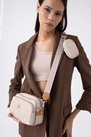 Benetton Bej Monogram Eskitme Kadın Çapraz Çanta BNT 1292