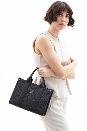 Benetton Siyah Monogram Eskitme Kadın El Çantası BNT 1596