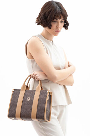 Benetton Kahverengi Monogram Eskitme Kadın El Çantası BNT 1596