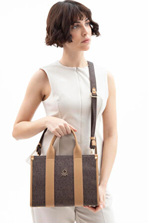 Benetton Kahverengi Monogram Eskitme Kadın El Çantası BNT 1596