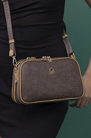 Benetton Kahverengi Kadın Monogram Eskitme Çapraz Çanta BNT 1277