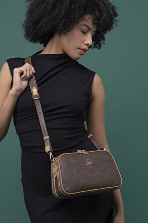 Benetton Kahverengi Kadın Monogram Eskitme Çapraz Çanta BNT 1277