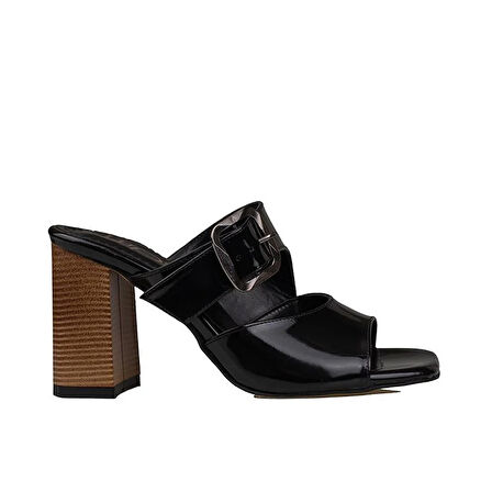 Trend Adımlar Siyah Rugan Kemerli Kadın Topuklu Terlik