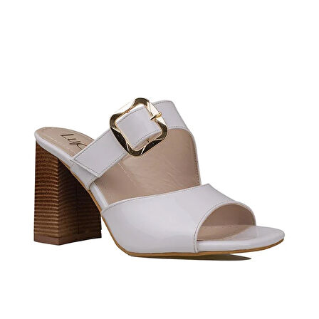 Trend Adımlar Beyaz Rugan Kemerli Kadın Topuklu Terlik