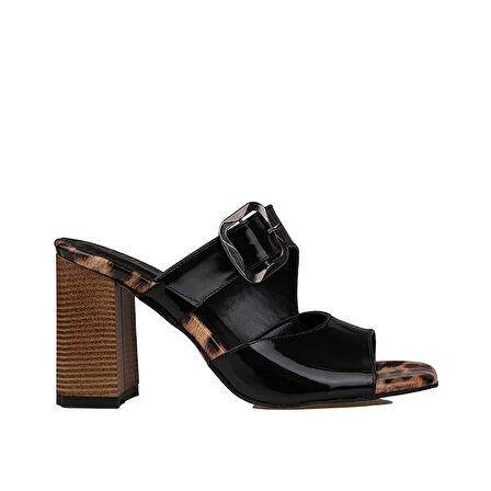 Trend Adımlar Siyah Leoparlı Rugan Kemerli Kadın Topuklu Terlik