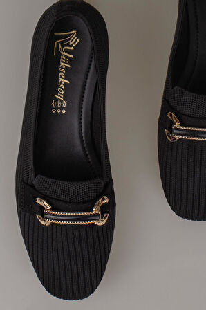 Trend Adımlar Siyah Triko Kadın Şerit Çizgili Babet