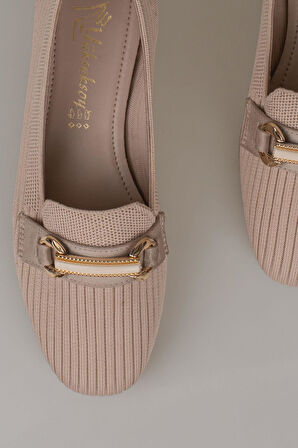 Trend Adımlar Krem Triko Kadın Şerit Çizgili Babet