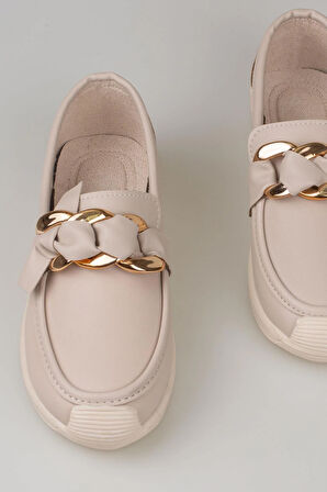 Trend Adımlar Krem Fiyonk Detaylı Kadın Loafer Ayakkabı