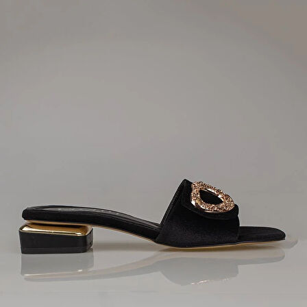 Trend Adımlar Siyah Düz Süet Saten Kadın Akustik Terlik