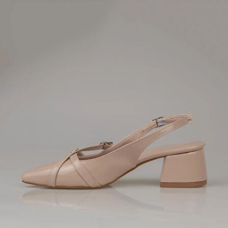 Trend Adımlar Krem Rugan Çift Toka Arkası Açık Kadın Klasik Ayakkabı