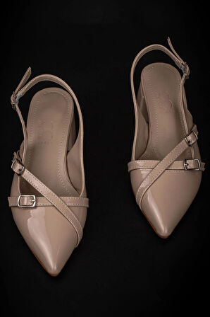 Trend Adımlar Krem Rugan Çift Toka Arkası Açık Kadın Klasik Ayakkabı