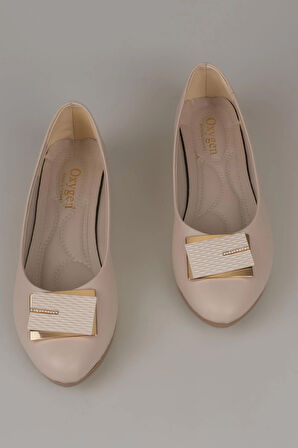 Trend Adımlar Krem Taş İşlemeli Kadın Klasik Babet