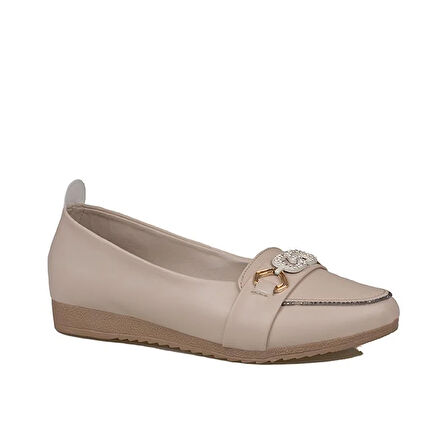 Trend Adımlar Krem Comfort Taş İşlemeli Kadın Babet