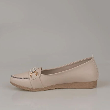 Trend Adımlar Krem Comfort Taş İşlemeli Kadın Babet