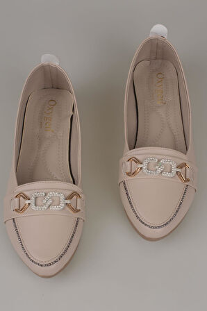 Trend Adımlar Krem Comfort Taş İşlemeli Kadın Babet