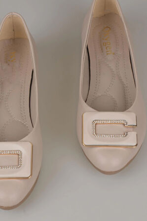 Trend Adımlar Krem Klasik Taş İşlemeli Kadın Babet