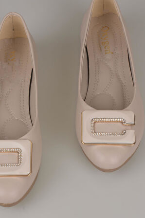 Trend Adımlar Krem Klasik Taş İşlemeli Kadın Babet