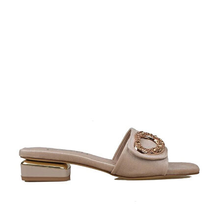 Trend Adımlar Bej Düz Süet Saten Kadın Akustik Terlik