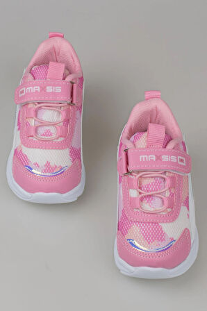 Trend Adımlar Pembe Hafif Cırt Cırtlı Fileli Çocuk Spor Ayakkabı