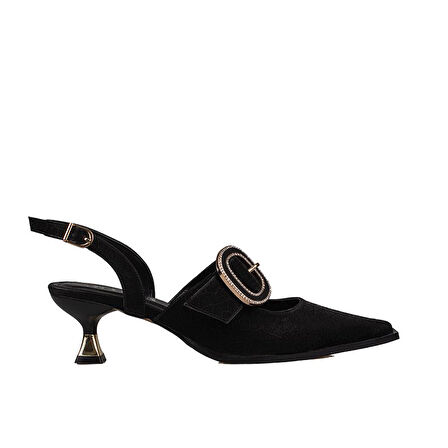 Trend Adımlar Siyah Fındık Topuk Kadın Taş Tokalı Klasik Ayakkabı