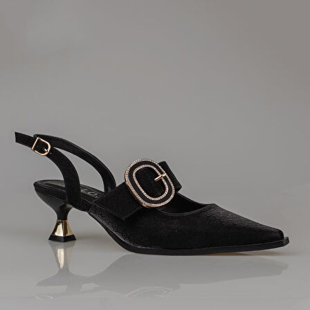 Trend Adımlar Siyah Fındık Topuk Kadın Taş Tokalı Klasik Ayakkabı