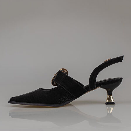 Trend Adımlar Siyah Fındık Topuk Kadın Taş Tokalı Klasik Ayakkabı