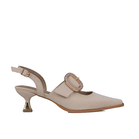 Trend Adımlar Krem Fındık Topuk Kadın Taş Tokalı Klasik Ayakkabı