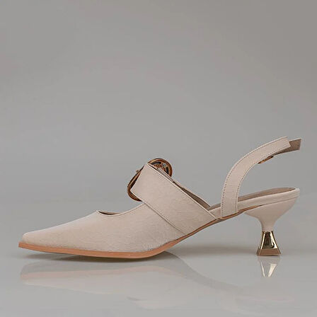 Trend Adımlar Krem Fındık Topuk Kadın Taş Tokalı Klasik Ayakkabı