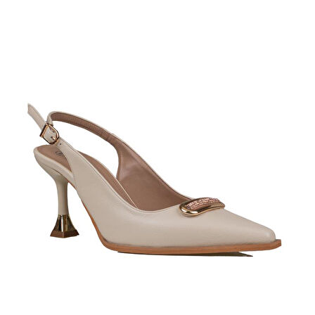 Trend Adımlar Krem Deri Önden Taş İşlemeli Sivri Klasik Ayakkabı