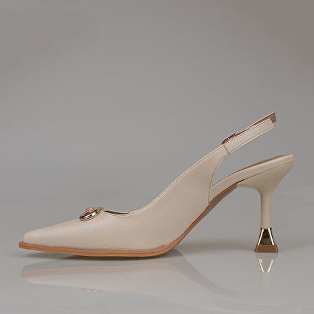 Trend Adımlar Krem Deri Önden Taş İşlemeli Sivri Klasik Ayakkabı