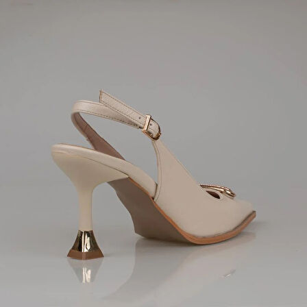 Trend Adımlar Krem Deri Önden Taş İşlemeli Sivri Klasik Ayakkabı