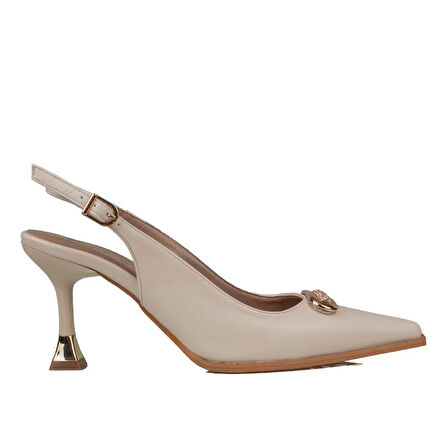 Trend Adımlar Krem Deri Önden Taş İşlemeli Sivri Klasik Ayakkabı