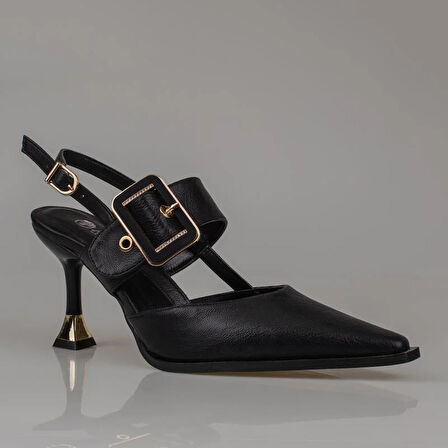 Trend Adımlar Siyah Suni Deri Kemerli Kadın Klasik Ayakkabı