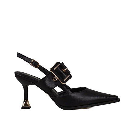 Trend Adımlar Siyah Suni Deri Kemerli Kadın Klasik Ayakkabı