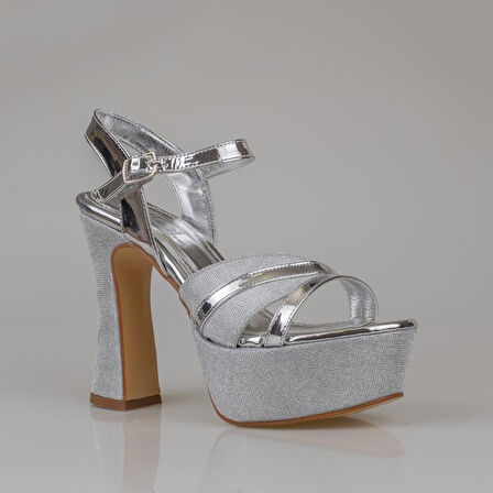 Trend Adımlar Gümüş Kadın Platform Kalın Topuk Abiye Ayakkabı